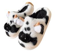 ZYFHYU Winter Warm Plush Slippers for Women Indoor Lovely Milk Cow Fuzzy Home Slipper Bedroom Non-slip Cute Fluffy Slides for Women(Black-cow3,44-45)