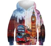 ZYGAOKDD 3D Printed London Bus Sweatshirt with Pockets Unisex Kids Halloween Christmas Hoodie 11-13Y