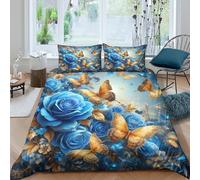 ZYGAOKDD 3Pcs Blue Rose And Butterfly Bedding Set Bedding Duvet Cover Printed Quilt Cover,3D Duvet Cover for Boys Adult, Microfibre, Bedding Duvet Cover Set with Pillowcases King（220x240cm）