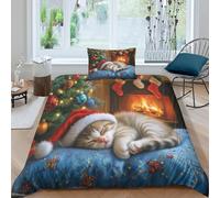 ZYGAOKDD Christmas Cat Duvet Cover Microfiber Bedding Set, 3D Print Duvet Quilt Cover&Pillowcase With Zipper Closure, Super Soft Duvet Cover for Kids Single(135x200cm)
