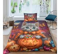 ZYGAOKDD Halloween Cat 3D Comforter Cover Set for Kids Boys Duvet Cover 3 Piece Set Youth Teens Bedding Set Quilt Cover with Zipper Closure Soft Microfiber Single(135x200cm)
