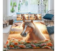 ZYGAOKDD Pretty Horse on A Flower Field 3D Duvet Cover Sets Bedding 3 Pcs With Zipper Closure Ultra Soft Microfiber Quilt Covers for Kids Teens Adults Double（200x200cm）