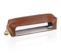 Zyghjort Small Clear Makeup Bag, PU Leather Portable Makeup Brush Bag Travel Transparent Waterproof Lipstick Pouch with Zipper for Women Home Travel Office Cosmetic Storage (Brown)