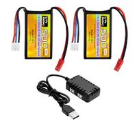 ZYGY 2PCS 7.4V 500mAh 30C JST-2P Plug Lipo Battery with 2-in-1 Charger Suitable for RC Helicopters, Quadcopters, Small Aircraft, Micro FPV Racing Drones, RC Cars, Trucks, and High-Speed Vehicles