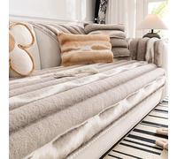 ZYHBBGXFC-XM Luxurious Rabbit Plush Sofa Cover, 1/2/3 Seater, Non-Slip, L-Shape Compatible, Fluffy Faux Fur, Kids & Pets Furniture Protector(Light coffee,90 * 160cm/36 * 63in)