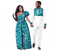 ZYHHDP African Couple Outfits Men's Single-Breasted Jacket & Women's Bazin Riche Dress, Matching Print(A,LARGE_WOMEN'S)