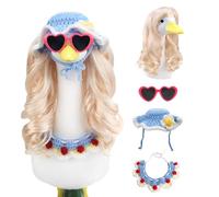 ZYIDBNG Porch Goose Wigs Blonde 1 Pack with Blue Knit Hat and Scarf Set Porch Goose Blonde Long Wigs Girly Blue Style Outdoor Decor for Lawn Goose Statues