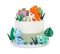 ZYJBD 17-Piece Multicolored Dinosaur Cake Decoration Set, 4 Dinosaurs, 1 'Happy Birthday' Sign, 4 Leaves, 6 Grasses, 2 Eggs, Reusable PVC, Perfect for Birthday, Baby Shower, Theme Party