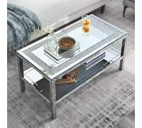 ZYJIX Rectangle Silver Mirrored Coffee Table For Living Room - Elegant 2 Tiers Crystals Inlay Shiny Coffee Table With Stainless Steel Frame - Modern Cocktail Table/End Table - 35 Inches
