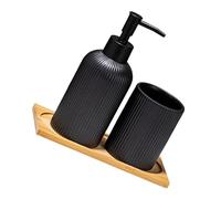 ZYKEJJDDAK 3PCS Vertical Stripe Liquid Soap Dispenser Set 350ml with Wood Storage Tray Toothbrush Cup for Bathroom Countertop Use Countertop Organizers