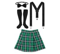 ZYKEJJDDAK Patricks Day Costume Accessories Set Elastic Suspenders Plaids Skirt Black Thigh High Stockings for Holiday