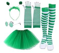 ZYKEJJDDAK Patricks Day Hat Bowtie Beard Headband Necklace Eyeglasses Skirt Long Glove Leg Sleeve Patricks Costume