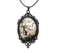 ZYKEJJDDAK Vintage Gothic Collar Necklace Bat Cemetery Glass Pendant Necklace Clavicle Chain Choker Halloween