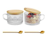 Zykphao 2Pcs Vintage Coffee Mugs, Overnight Oats Containers with Bamboo Lids and Spoons - 14oz Clear Embossed Glass Cups, Stackable Breakfast Cups, Coffee Accessories