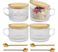 Zykphao 4Pcs Vintage Coffee Mugs, Overnight Oats Containers with Bamboo Lids and Spoons - 14oz Clear Embossed Glass Cups, Stackable Breakfast Cups, Coffee Accessories