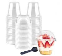 Zykphao 50 Pack Plastic Dessert Cups with Lids - 260ml/9oz Clear Reusable Parfait Pots for Cheesecake, Fruit, Pudding & Smoothies, Includes Sporks