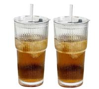 Zykphao 600ml Glass Tumbler with Lid & Straw - 2 Pack, Ribbed Design for Iced Coffee, Matcha, Smoothies & More | Leakproof, Durable Drinking Glasses for Hot & Cold Beverages