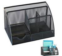 Zykphao Mesh Desk Organiser with Drawer | 6-Compartment Desk Tidy | Pen & Stationery Holder | Office & Home Storage | Black Metal Wire Organizer | H13 x W22 x D14cm
