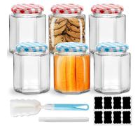 Zykphao Set of 6 Glass Jam Jars with Lids, 280ml Airtight Hexagonal Preserving Jars with Red & Blue Gingham Lids for Pickles, Chutney, Marmalade, Honey and Candle Making
