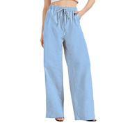 Zylioo Womens Linen Trousers Extra Long Ladies Summer Pants Drawstring for Beach with Pockets Wide Leg Loose Fit Blue
