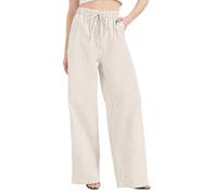 Zylioo Womens Linen Trousers Extra Long Ladies Summer Pants Drawstring for Beach with Pockets Wide Leg Loose Fit Beige