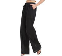 Zylioo Womens Linen Trousers Extra Long Ladies Summer Pants Drawstring for Beach with Pockets Wide Leg Loose Fit Black