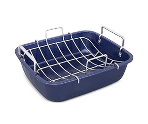 Zyliss E980206 Non-Stick Roasting Tin with Rack, Carbon Steel, Dark Blue, Roast Pan/Baking Trays for Oven/Bakeware Tray, Dishwasher Safe