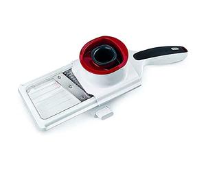 Zyliss Hand Held Food Cutter, Plastic/Stainless Steel, White/Red, Multi Function Veg Cutter and Slicer, Vegetable/Fruit, Julienne Slicer, Dishwasher Safe