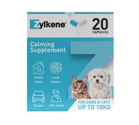 Zylkene Calming Supplements for Cats & Dogs up to 10kg 75mg | Promotes Relaxation | Helps Pets cope with Short-Term challenging situations: Loud Noises | Easily Administered | 20 Capsules