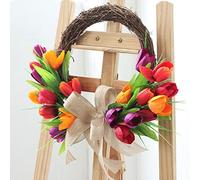 ZYLLZY Assorted Artificial Tulip Wreath,16Inch Chic Style Rattan Tulip Half Circle Wreath,Spring Front Door Tulip Garland with Silk Flower for Home Decoration, 40cm/15.7inch