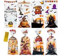 ZYLOP Halloween Cellophane Treat Candy Bags: 50 Pcs Halloween Plastic Clear Goodie Cookie Snack Gift Bags with 60pcs Twists for Trick or Treat Party Decorations Crafts Supplies
