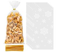 ZYLOP Snowflake Christmas Cellophane Treat Bags - 100 Pcs 5x11 Inch Plastic Cello Xmas Winter Clear Frozen Goodie Gift Bags with 110 Gold Twist Ties for Holiday Cookie Candy Party Favors Supplies