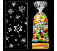 ZYLOP Snowflake Christmas Cellophane Treat Bags - Plastic Cello Xmas Winter Clear Frozen Cookie Candy Snack Goodie Gift Bags with Twist Ties for Christmas Winter Holiday Party Favors Supplies,50 PCS