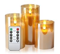 Zylume Battery Flameless Candles Real Wax Flickering,Led Glass Candles Single Battery with Remote Control and Timer for Festival Party Home Decorations 3 Packs D3 xH4 5" 6"(Gold)