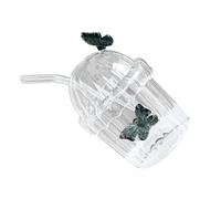 ZYMIADOU Borosilicate Glass Straw Cup Feature Vertical Stripe Leak Proof Lid Functional for Various Drink User Friendly