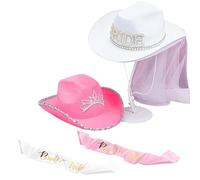 ZYMIADOU Bride Cowboy Hat With Veil Wide Brim Cowgirl Hat & Sash Set Wedding Party Props Bachelorette Hats For Bridal Cosplay Costumes For Girl Costume Men Costume Female