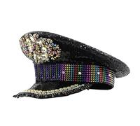 ZYMIADOU Rhinestone Sequins Captain Cap For Wedding Black Flat Top Hat Carnival Party Women Bride Fedora Role Playing Photography Hat For Party