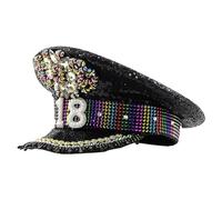 ZYMIADOU Rhinestone Sequins Captain Cap For Wedding Black Flat Top Hat Carnival Party Women Bride Fedora Role Playing Photography Hat For Party