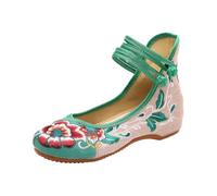 Zymoplas 2pieces Classic Flats with Flower Embroidery Comfortable and Lightweight Womens Ballet Flats Pumps Linen for Female, Green, 37.1