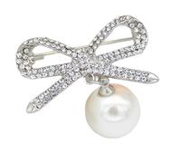 Zymoplas Bowknot Pearl Brooch Elegant Enamel Lapel Pin Gold Silver Clothes Accessory Rhinestone Blouse Sweater Clips Brooches, Silver-S222E