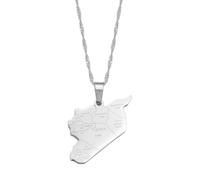 Zymoplas Easy To Match With Other Accessories Syria Map Pendant Necklace Metal Syria Outline Map Pendant Necklace Chain Necklace, steel color