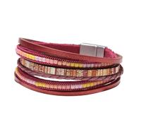Zymoplas Vintage Leather Wrap Bracelets Boho Multi-Layer Crystal Beads Cuff Bracelet Handmade Woven String Bohemian Female for, Red