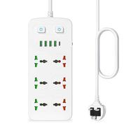 ZYMY 6 Way Extension Lead with 4 USB Slots, Multi Plug Desk Power Strip Extension Socket with 2M Extension Cables, Surge Protected Extension Cord with Double Switches for Home, Office, White