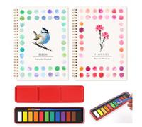 ZYNERY 2Pcs Watercolour Workbooks, 12 Colors Water Colour Paints Set with Brush, Beginner-Friendly Water Colour Workbooks, Water Colour Paints Sets for Adults (Birds & Flowers)