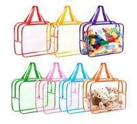 ZYNERY 7 Pack Clear PVC Toy Storage Bags with Handles - 11.8x8.6 Inch Waterproof Reusable Zipper Organizing Bags (7 Colors), for Building Blocks, Puzzles, Board Games, Baby Toys