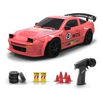 Zynflow RC Drift Car for Adults, 1/24 Scale 4WD 2.4G Drifting Remote Control Car Racing with High Speed 15KM/H, Lights Control, 5 Speed Switching - Red Pink