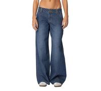Zynqora Women's Low-Rise Pinstripe Wide Leg Jeans Trendy Vintage Baggy Denim Pants,Blue,L