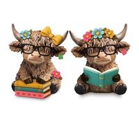 ZYNTAVA 2Pcs Highland Cow Ornaments, 3D Reading Home Ornaments for Farmhouse, Garden, Kitchen, Office, Tiered Tray Table, Highland Cow Gifts for Women, Girls, Just a Girl Who Loves Cows