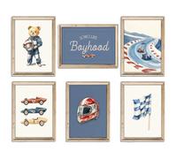 ZYNTAVA 6 Pcs Vintage Canvas Wall Art, Racing Car Nursery Decor, Blue Retro Vehicle Car Poster for Boys Room Decor, Bedroom, Playroom, Living Room (Unframed 12x8 Inch)