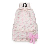 ZYNTAVA Aesthetic School Bag, Beige School Backpack with Pink Bow Charm, Waterproof Corduroy Kids Backpack, Kids Rucksacks for Girls, Practical Gifts for Birthdays & Holidays